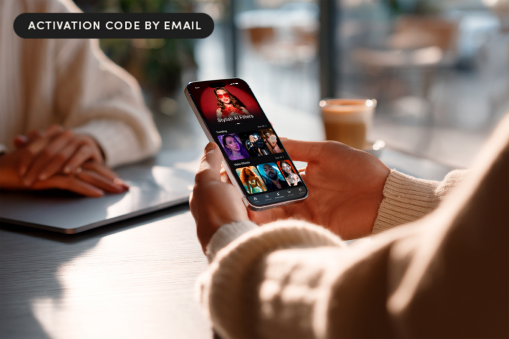 Person at a cafe using AI image generator Arta on an iPhone