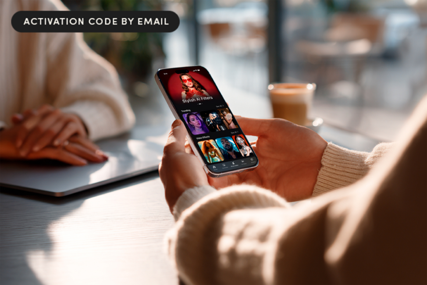 Person at a cafe using AI image generator Arta on an iPhone