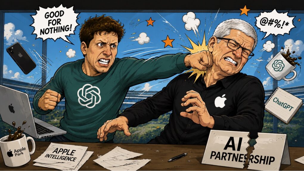 As this cartoon-style image shows, the Apple and OpenAI partnership could be unraveling.