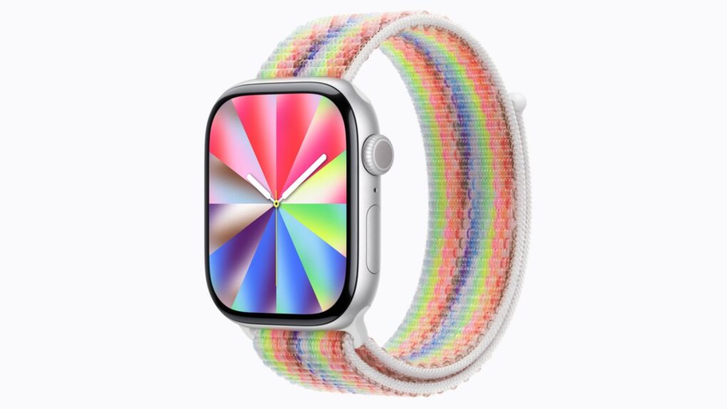 Photo of Apple Watch with the 2026 Pride Luminance watch face, used to illustrate a story about features in watchOS 26.5.