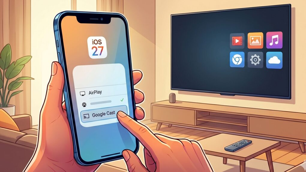 An AI-generated drawing of an iPhone using Google Cast to play content on a smart TV.