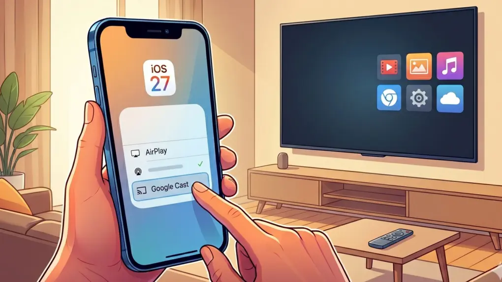 An AI-generated drawing of an iPhone using Google Cast to play content on a smart TV.