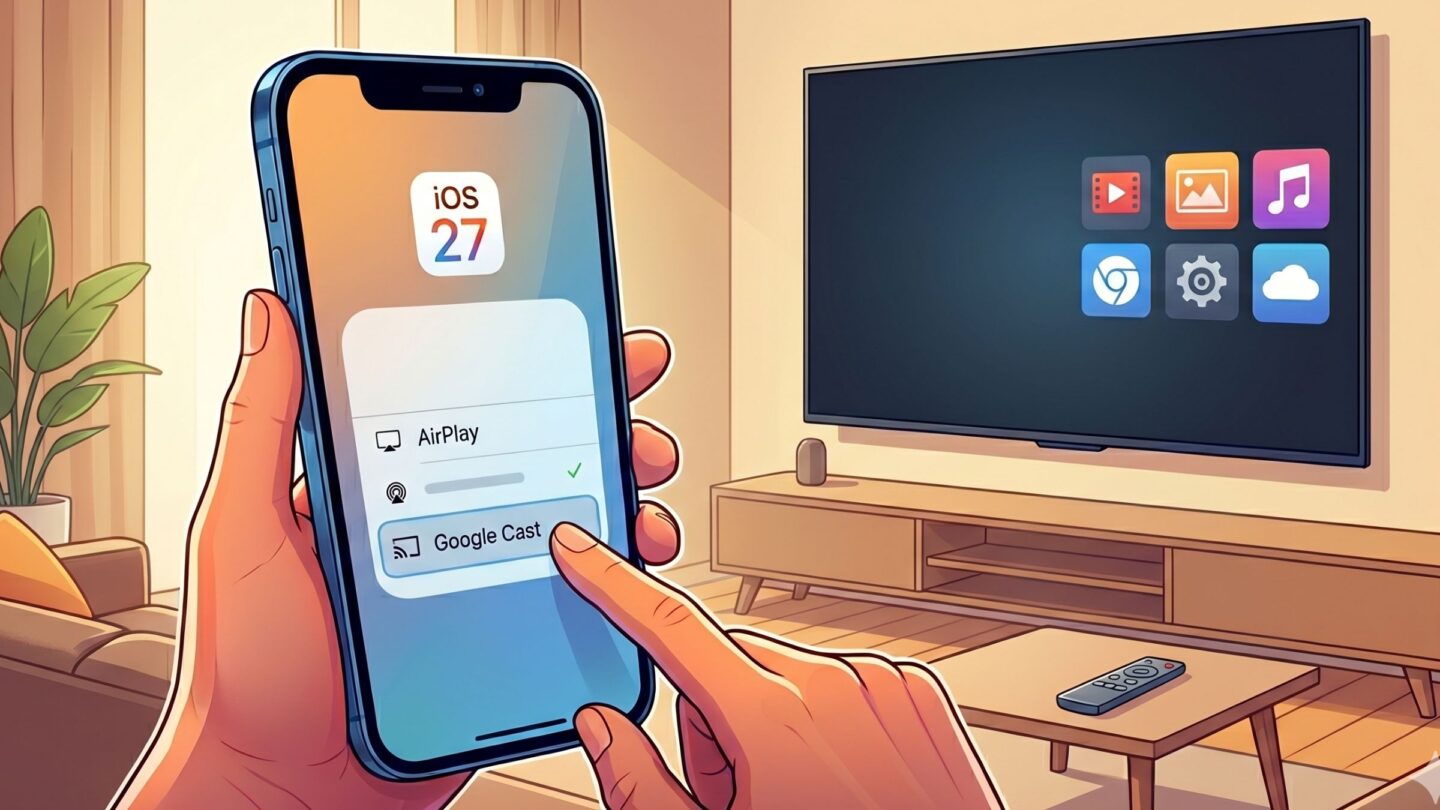 An AI-generated drawing of an iPhone using Google Cast to play content on a smart TV.