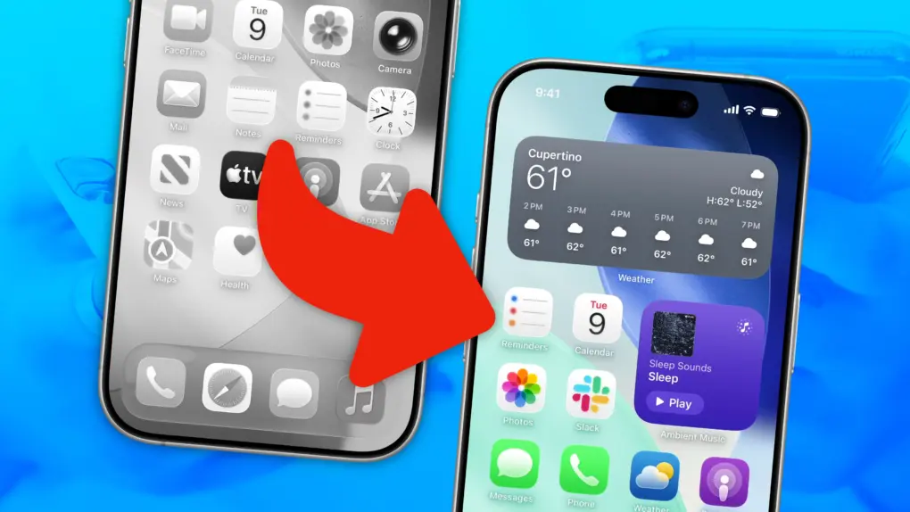 Graphic showing an iPhone Home Screen, before and after removing a bunch of icons and adding widgets