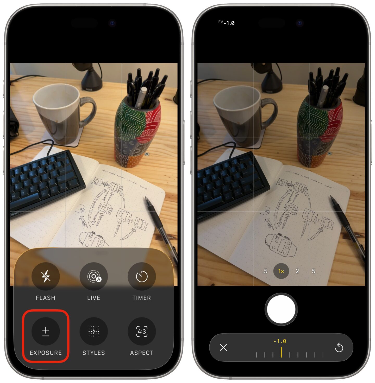 Camera Exposure iPhone screenshots showing how to turn down exposure in the Camera app to produce lo-fi pictures