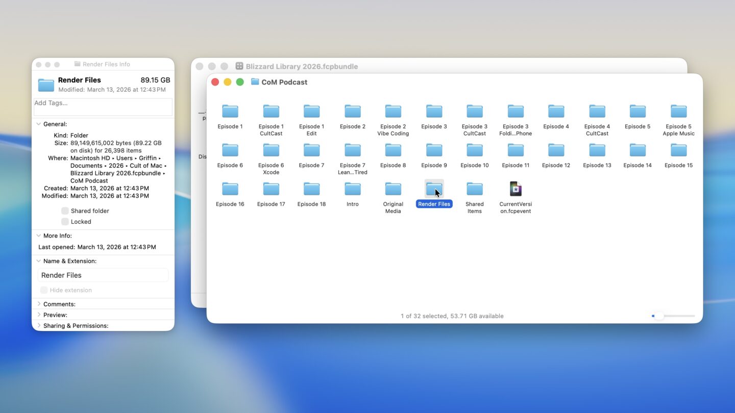 Checking the size of various folders inside a Final Cut Pro library bundle