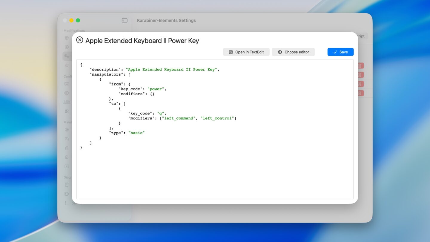 Complex Rule Example Setting up a complex key modification that remaps a key to Control-Command-Q.