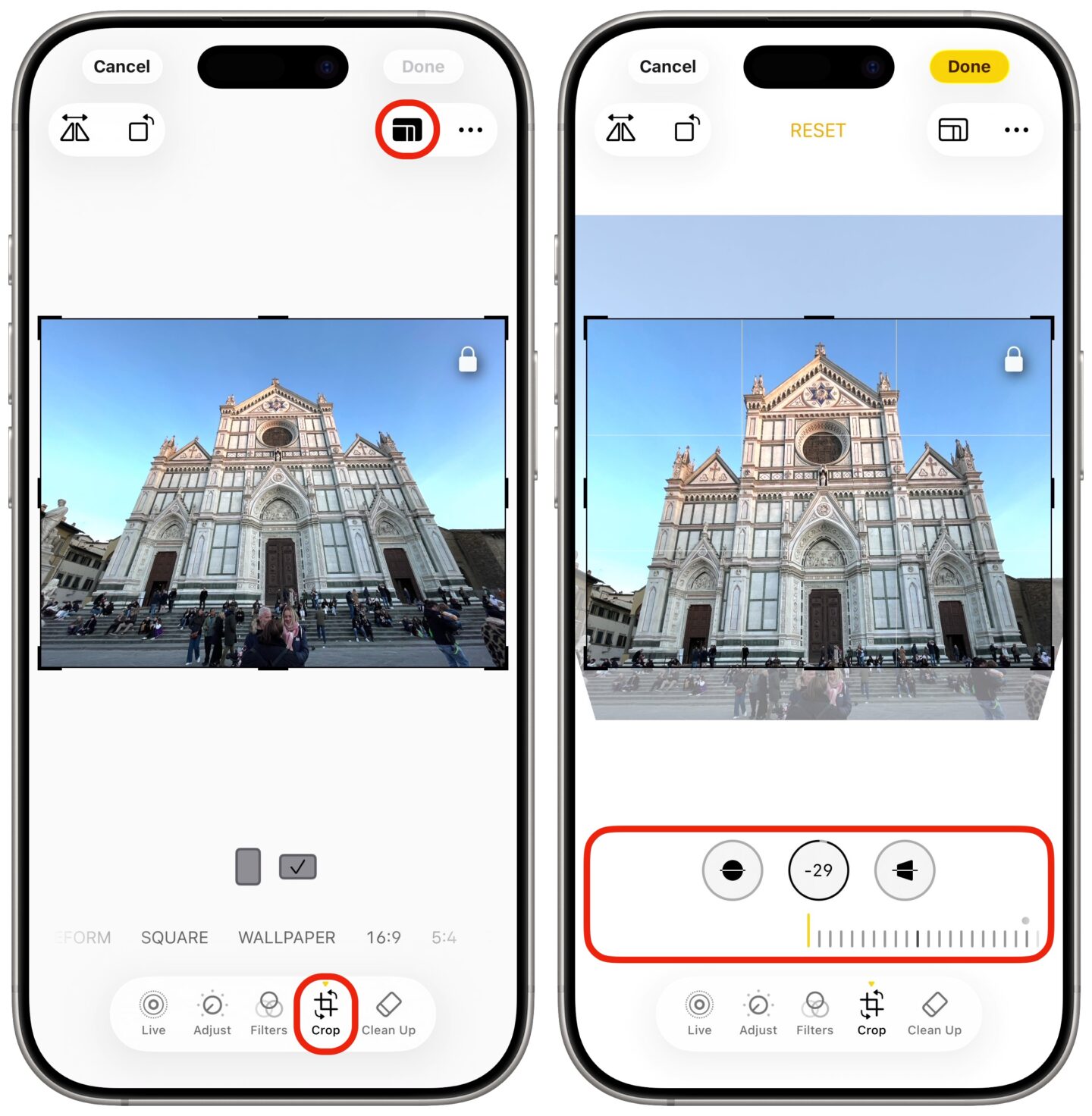 Cropping and adjusting the perspective on a photo of a church in Italy