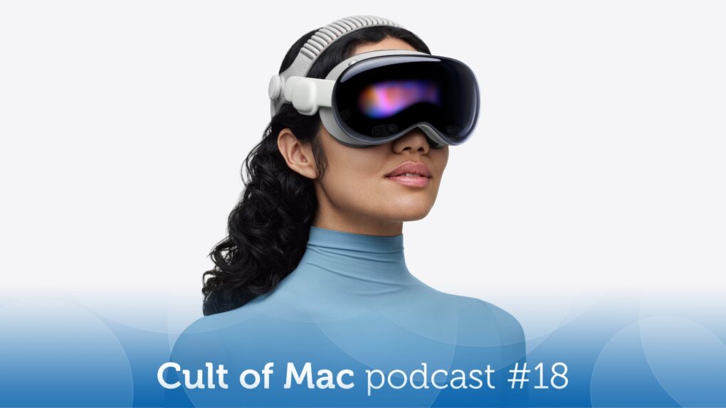 Product shot of a woman wearing an Apple Vision Pro headset, with the words 
