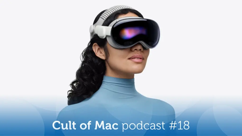 Product shot of a woman wearing an Apple Vision Pro headset, with the words 