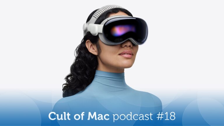 Product shot of a woman wearing an Apple Vision Pro headset, with the words 