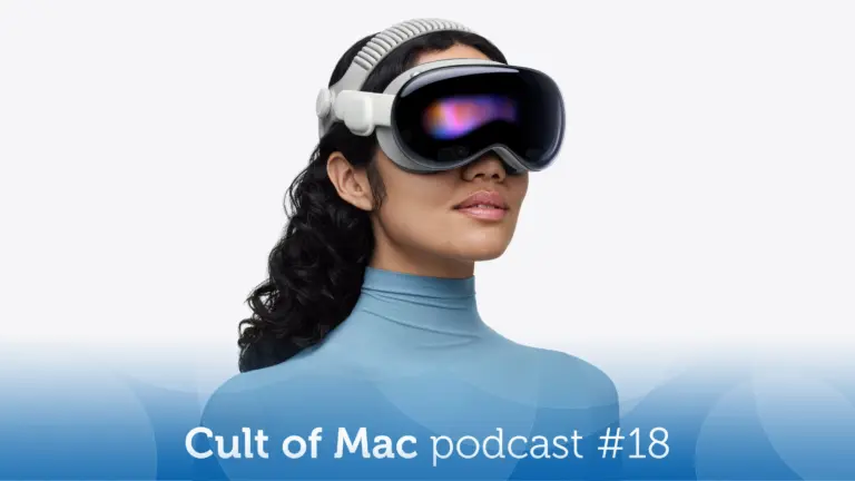 Product shot of a woman wearing an Apple Vision Pro headset, with the words 