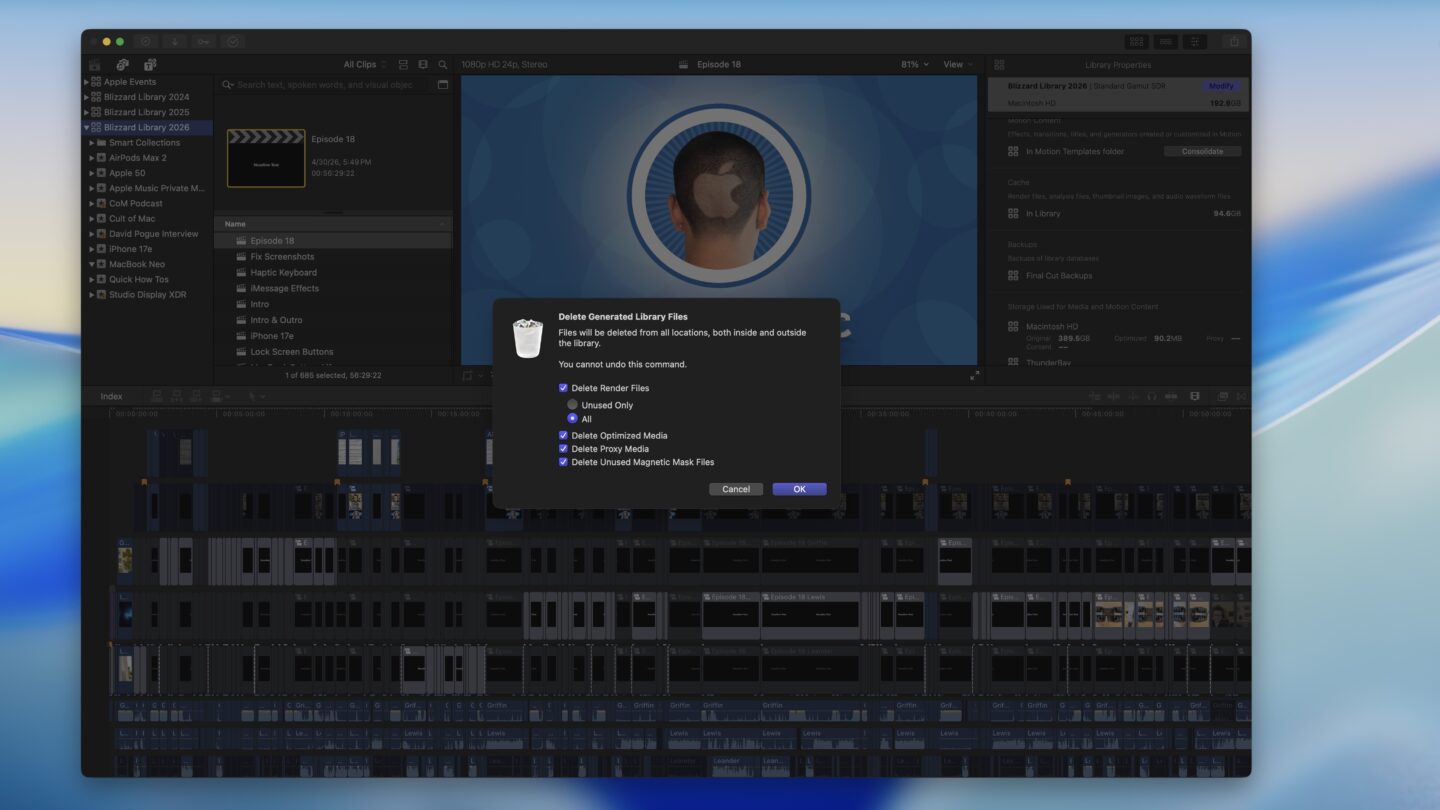 Deleting generated library files in Final Cut Pro