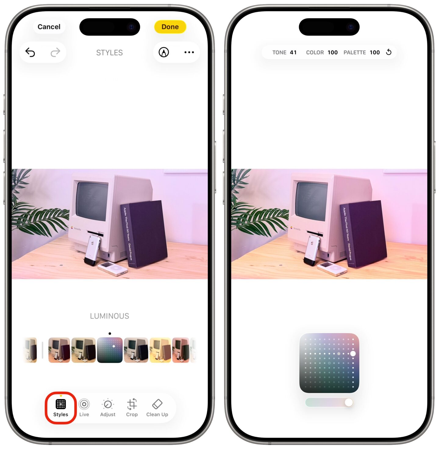 iPhone screenshots show how to edit pictures using the Photographic Style feature