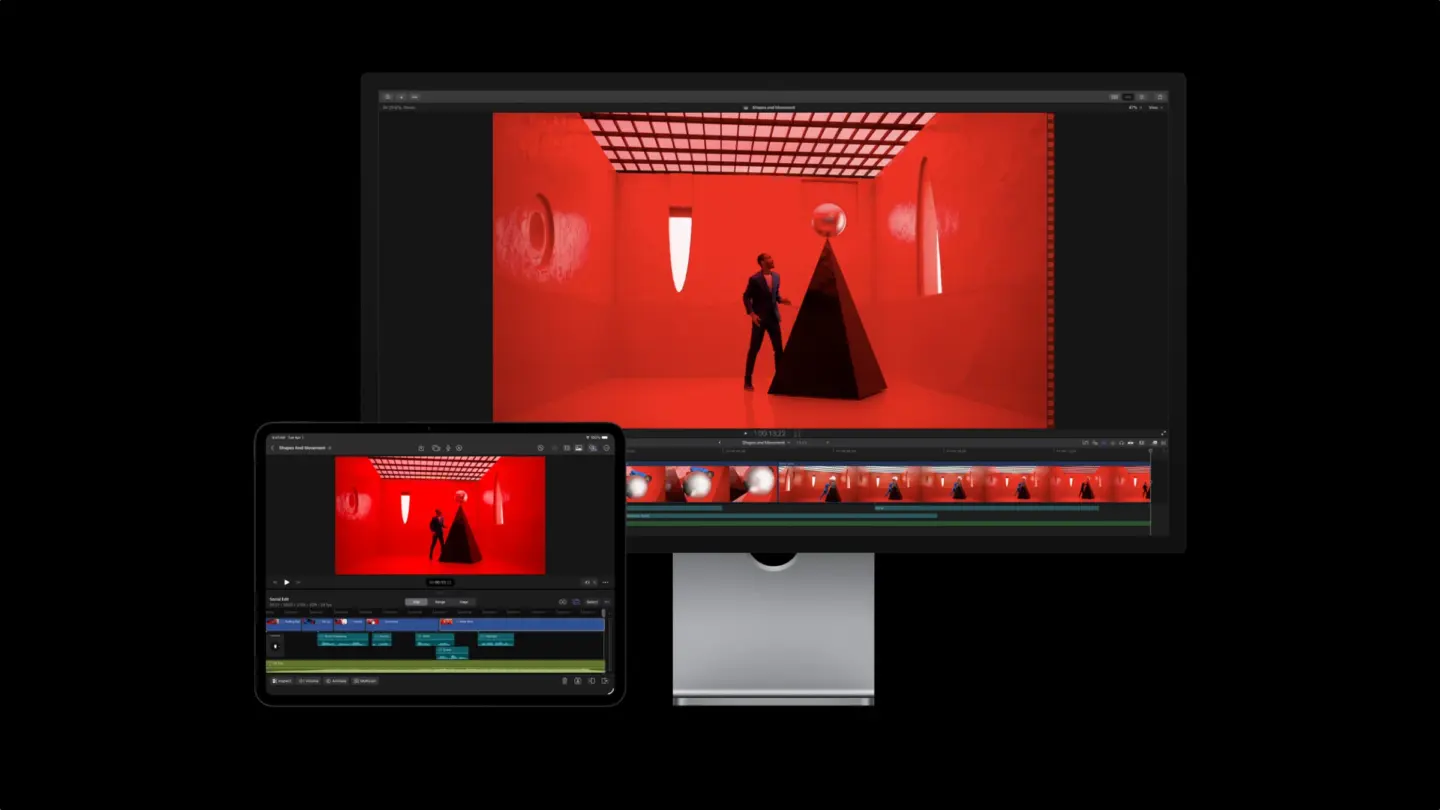 Photo of red scene with two people in it, being editing in Final Cut Pro on Mac and iPad, used to illustrate story about Apple acquisition of Color.io