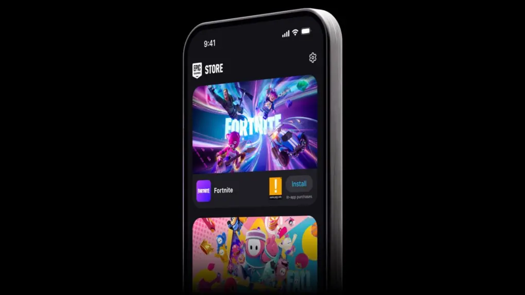 A photo of a smartphone showing Fortnite on the Epic Games Store.
