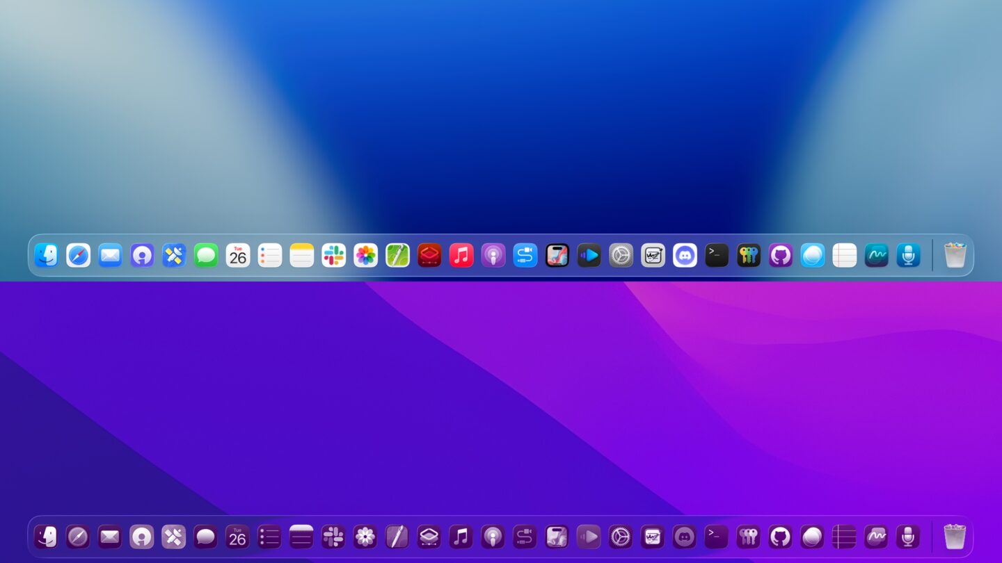 Mac Dock Colors Before and after: A multicolor Dock and a purple Dock.