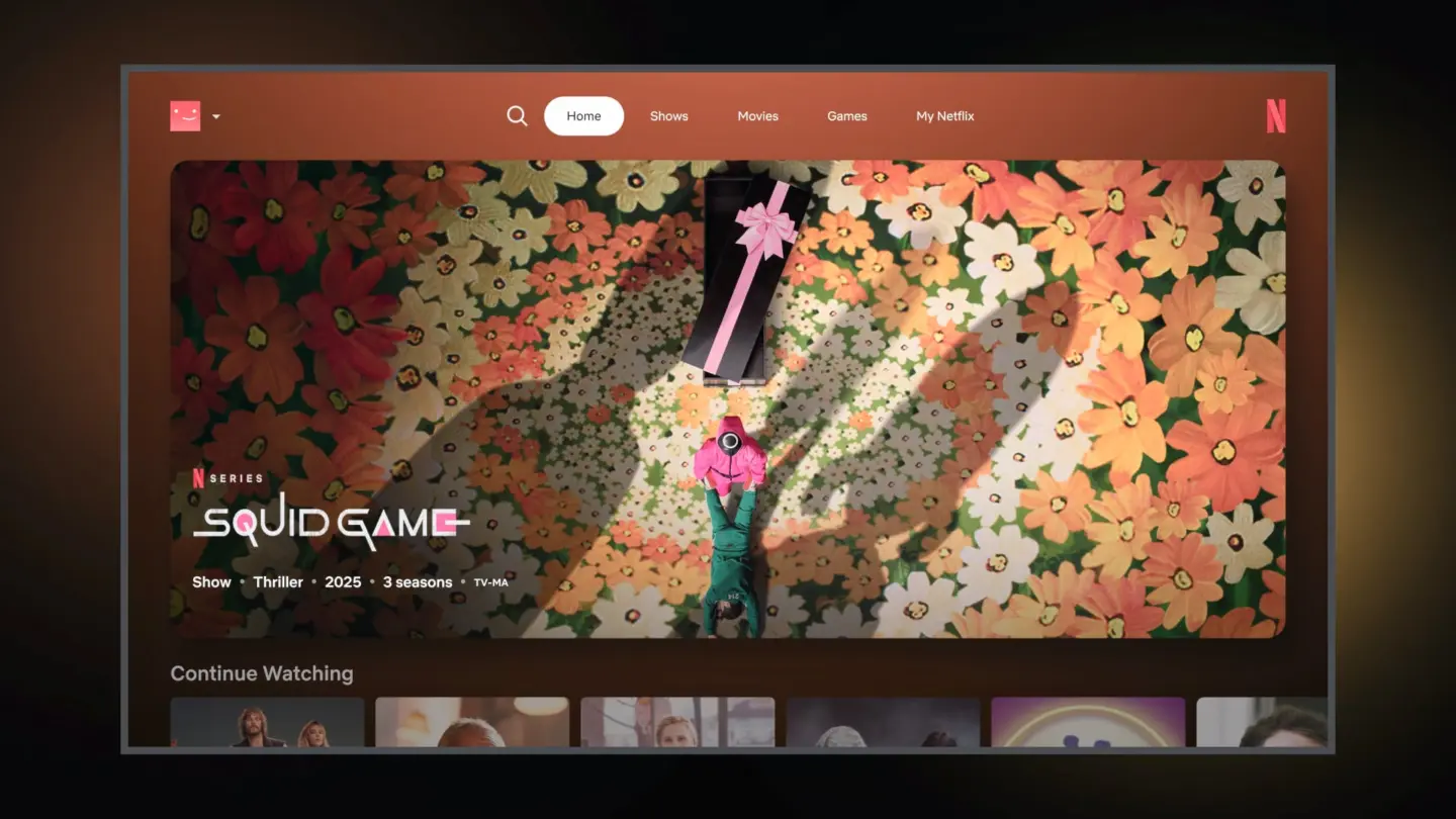 Image of Netflix user interface on a large-screen TV, used to illustrate a story about Netflix's AI voice search, currently in beta.