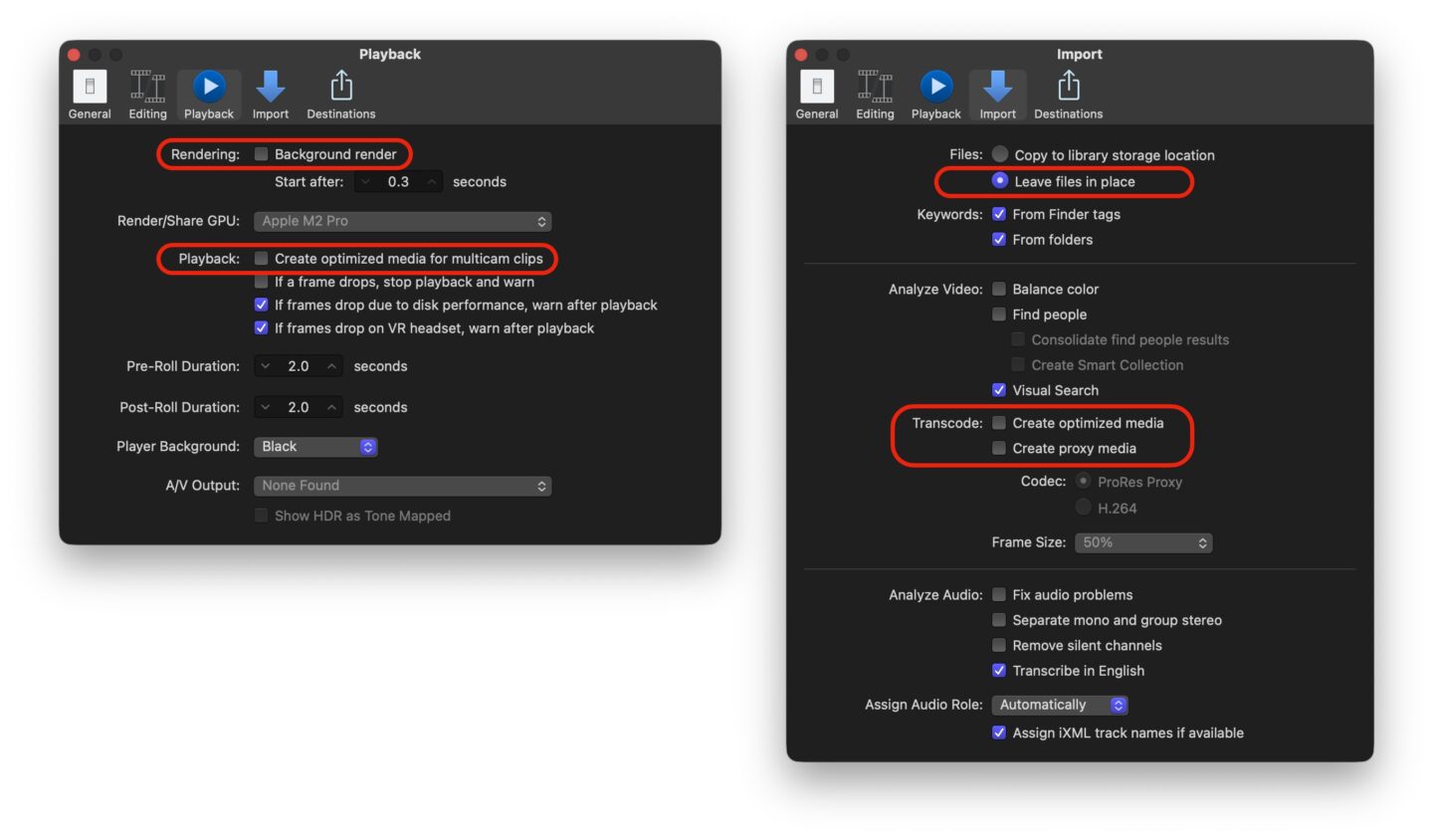 Final Cut Pro Import and Playback settings