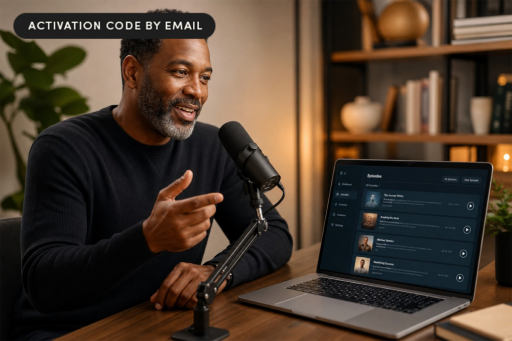 Man doing a podcast using AI podcast generator PoddyHost