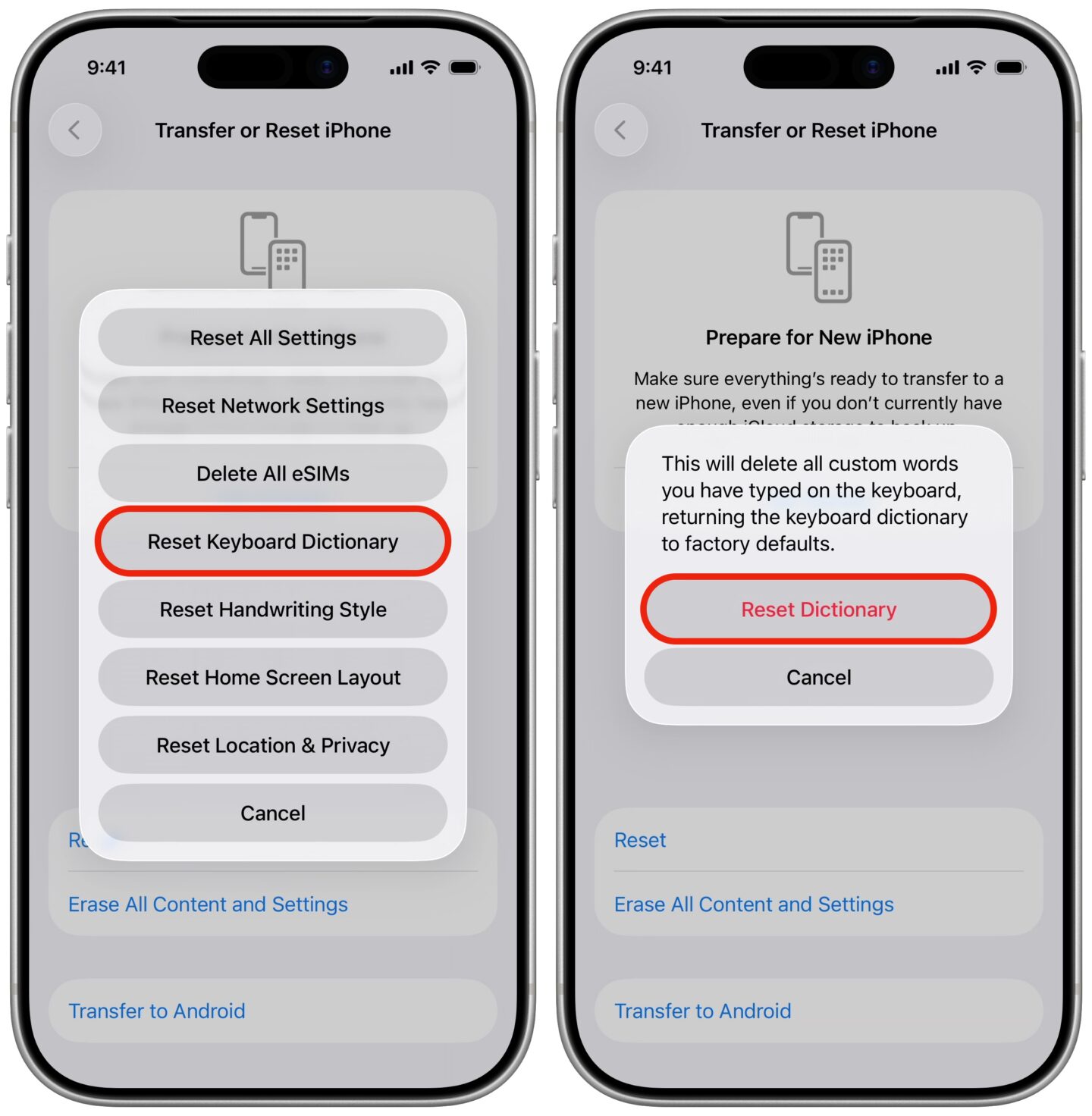 How to reset autocorrect on iPhone, showing the steps in Settings to reset the keyboard dictionary