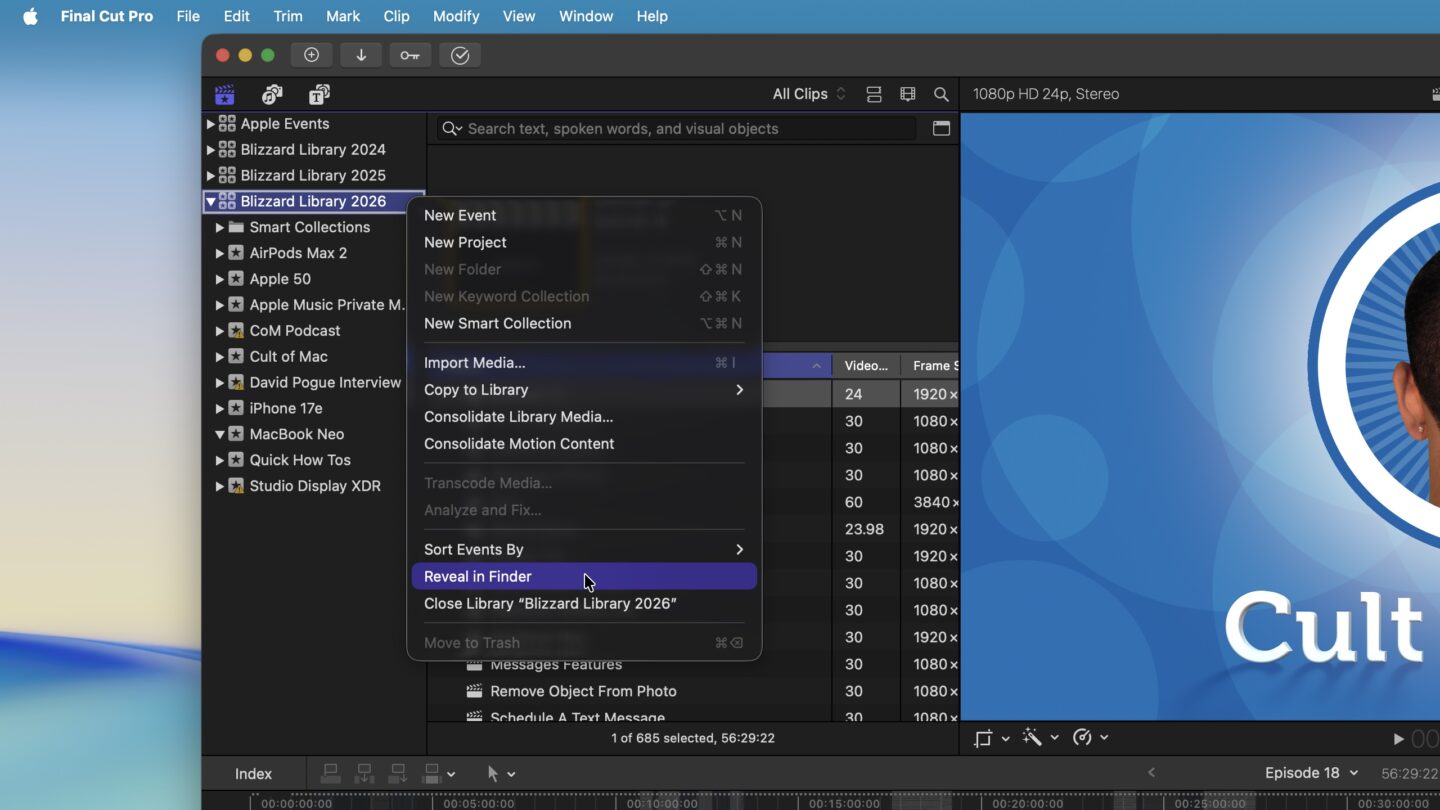 Revealing the library bundle in the Finder