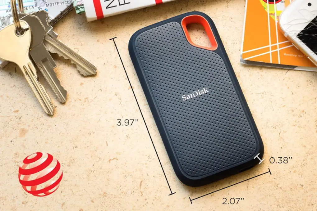 Image of SanDisk portable SSD with dimensions shown around it