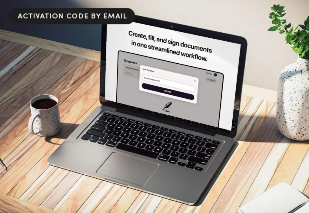 Laptop on a wooden desk running SignIt digital signature service