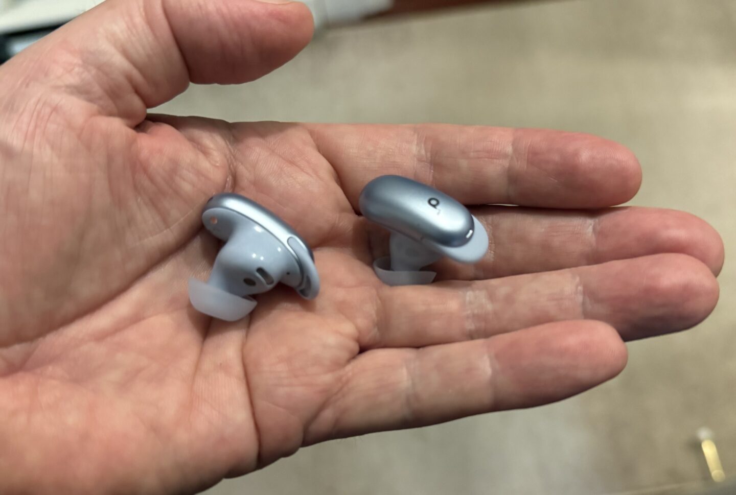 Soundcore Liberty 5 Pro earbuds in hand Soundcore Liberty 5 Pro earbuds in hand