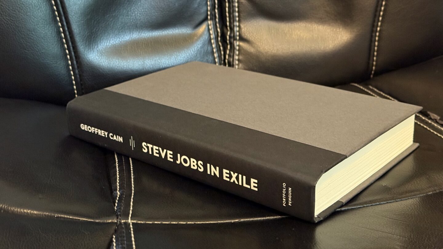 Steve Jobs in Exile hardcover Steve Jobs in Exile, the bare hardcover, sitting on a black leather chair.