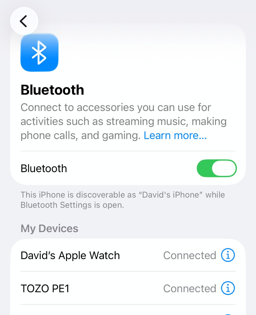 Tozo PE1 connected to iPhone iPhone Bluetooth Tozo PE1