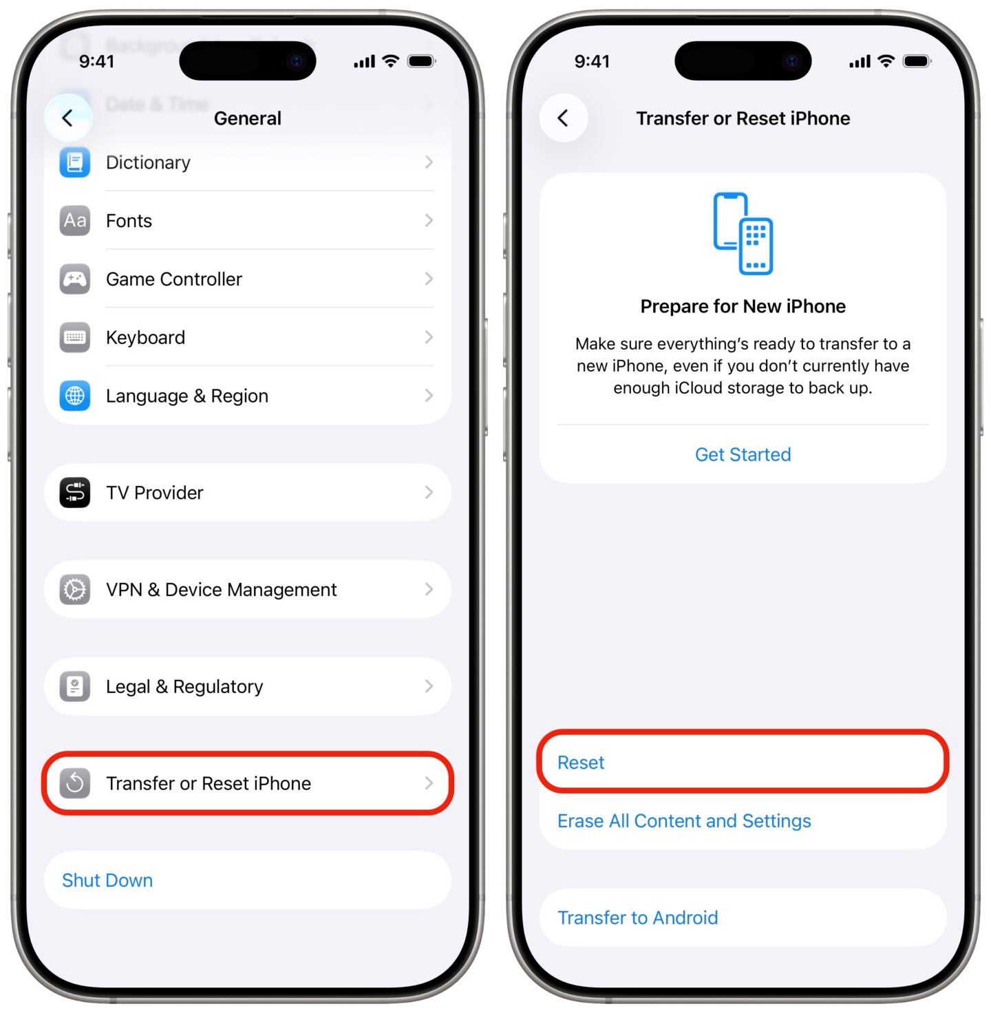 Transfer or Reset iPhone in Settings