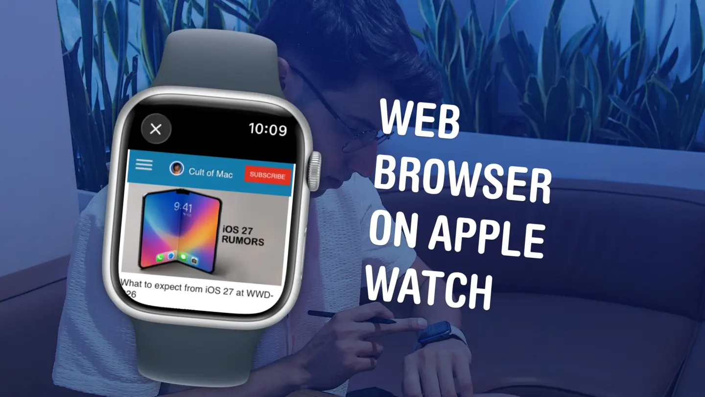 Screenshot of an Apple Watch loading Cult of Mac, with a photo of a man poking at his Apple Watch, captioned, Web Browser on Apple Watch