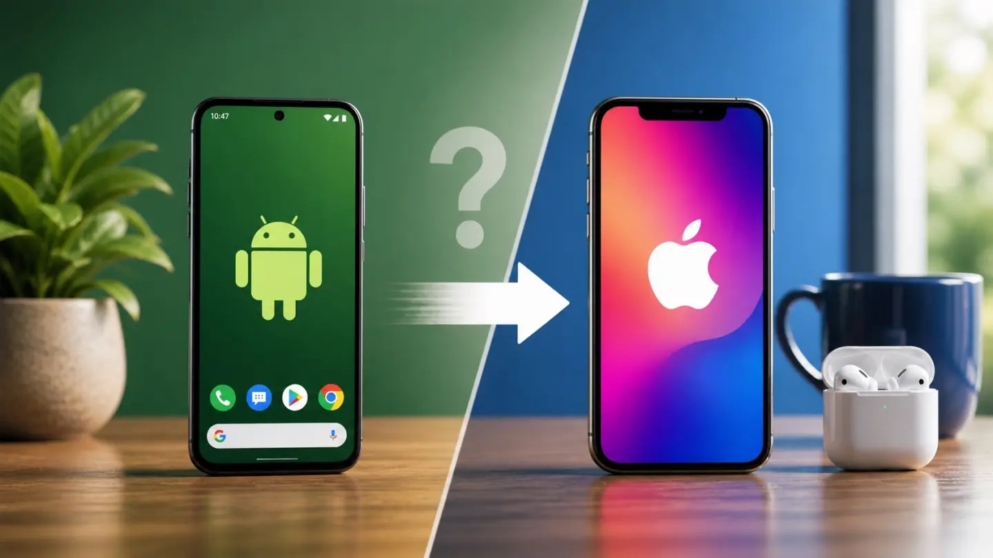AI-generated image showing an Android phone and an iPhone, with an arrow pointing from the Android to the iPhone (along with a question mark).