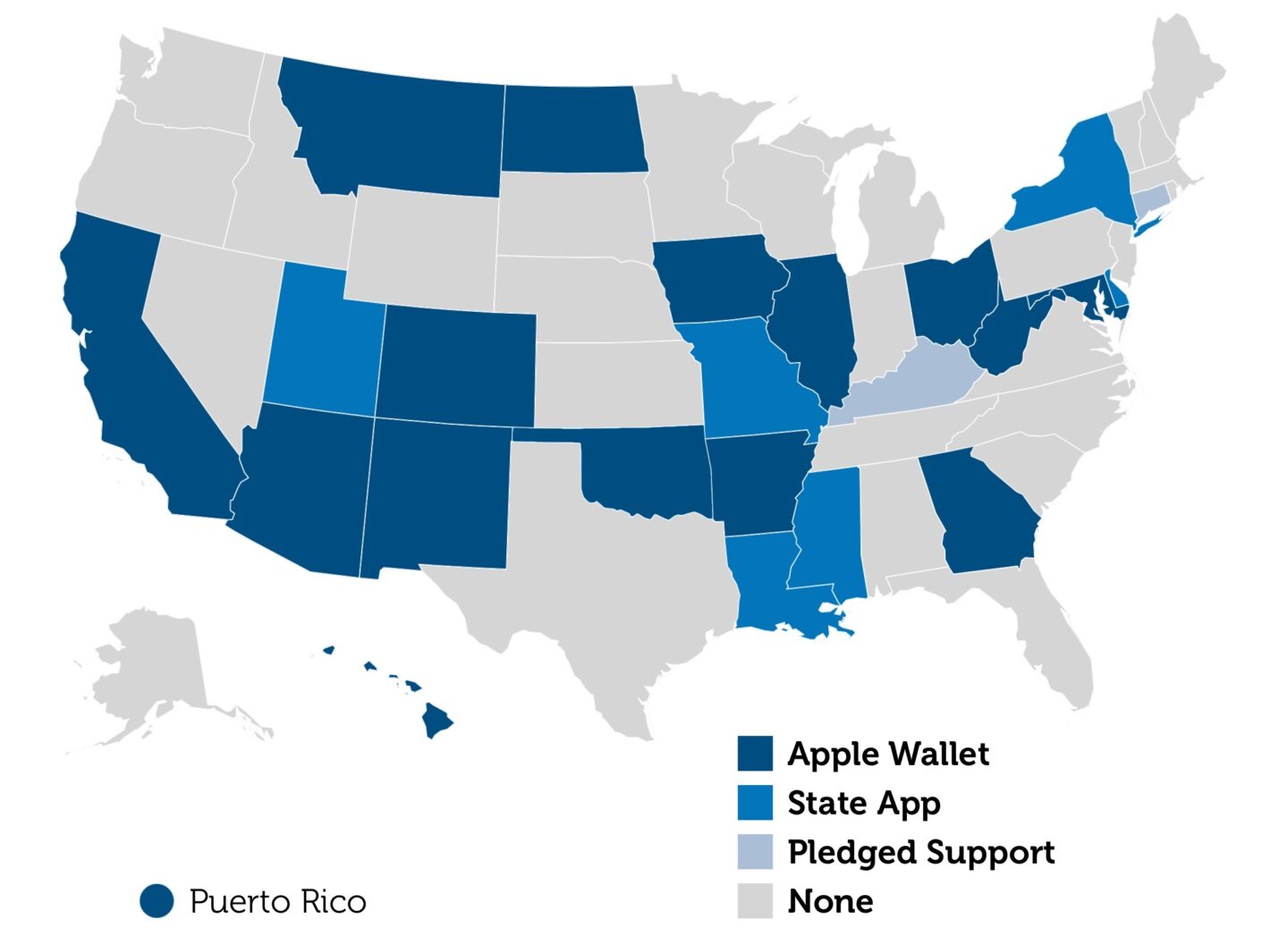 Map of US states showing which support IDs in Apple Wallet