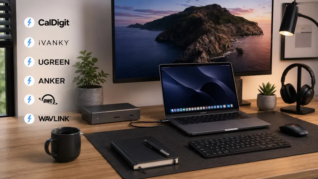 Image of a MacBook connected to a dock, used to illustrate a roundup of the best Thunderbolt 5 docks for Macs. Brands listed in the image include CalDigit, iVanky, Ugreen, Anker, OWC and Wavlink.