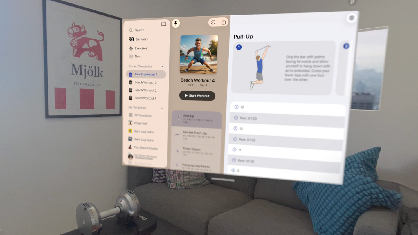 Screenshot of strength-training app Reps & Sets running in visionOS, with a pull-up exercise showing.