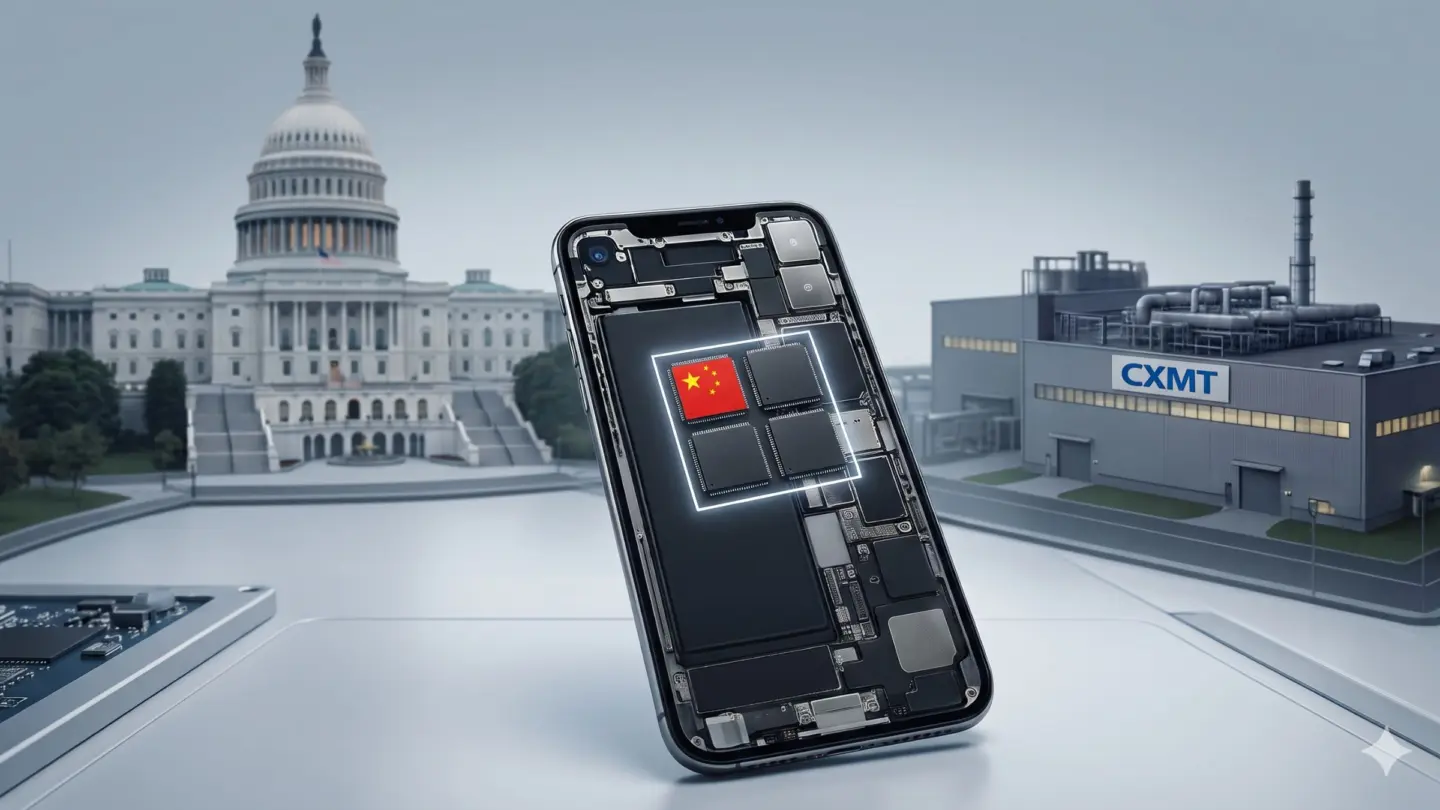 An AI generated photo depicting the White House and Chinese RAM maker CXMT used in a story about Apple.