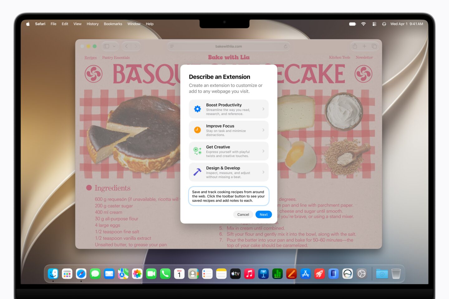 Apple Intelligence Safari Describe an Extension custom extension 260608 Safari Describe an Extension feature on a Mac