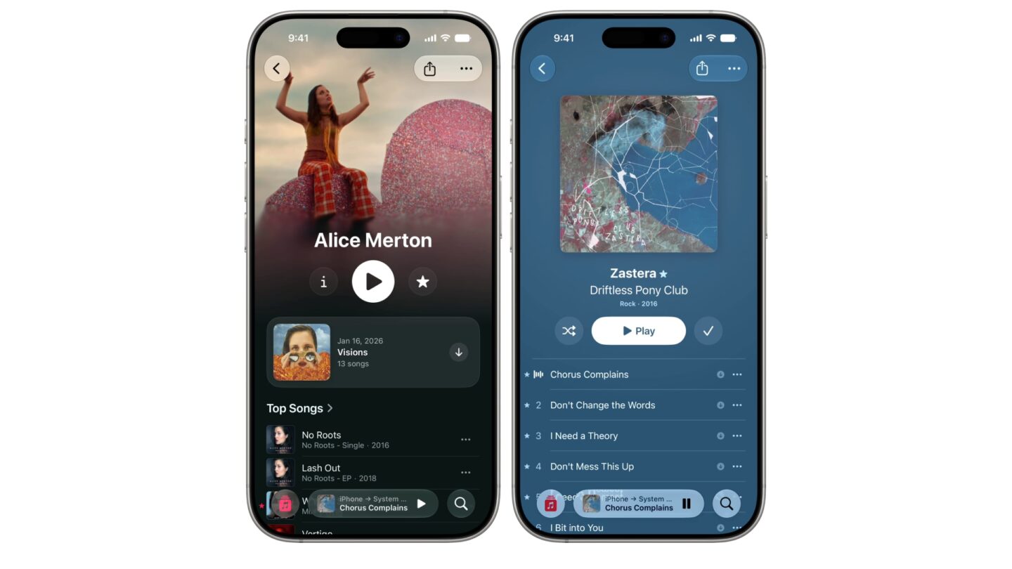Apple Music app artist and album pages in iOS 27 iPhone screenshots of Apple Music artist and album pages in iOS 27