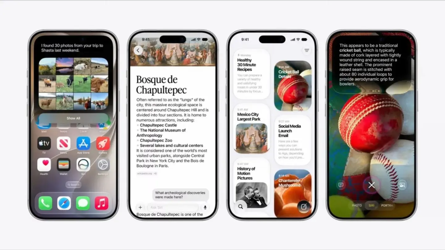 Four iPhone screenshots showing iOS 27 used in a story about unannounced features.