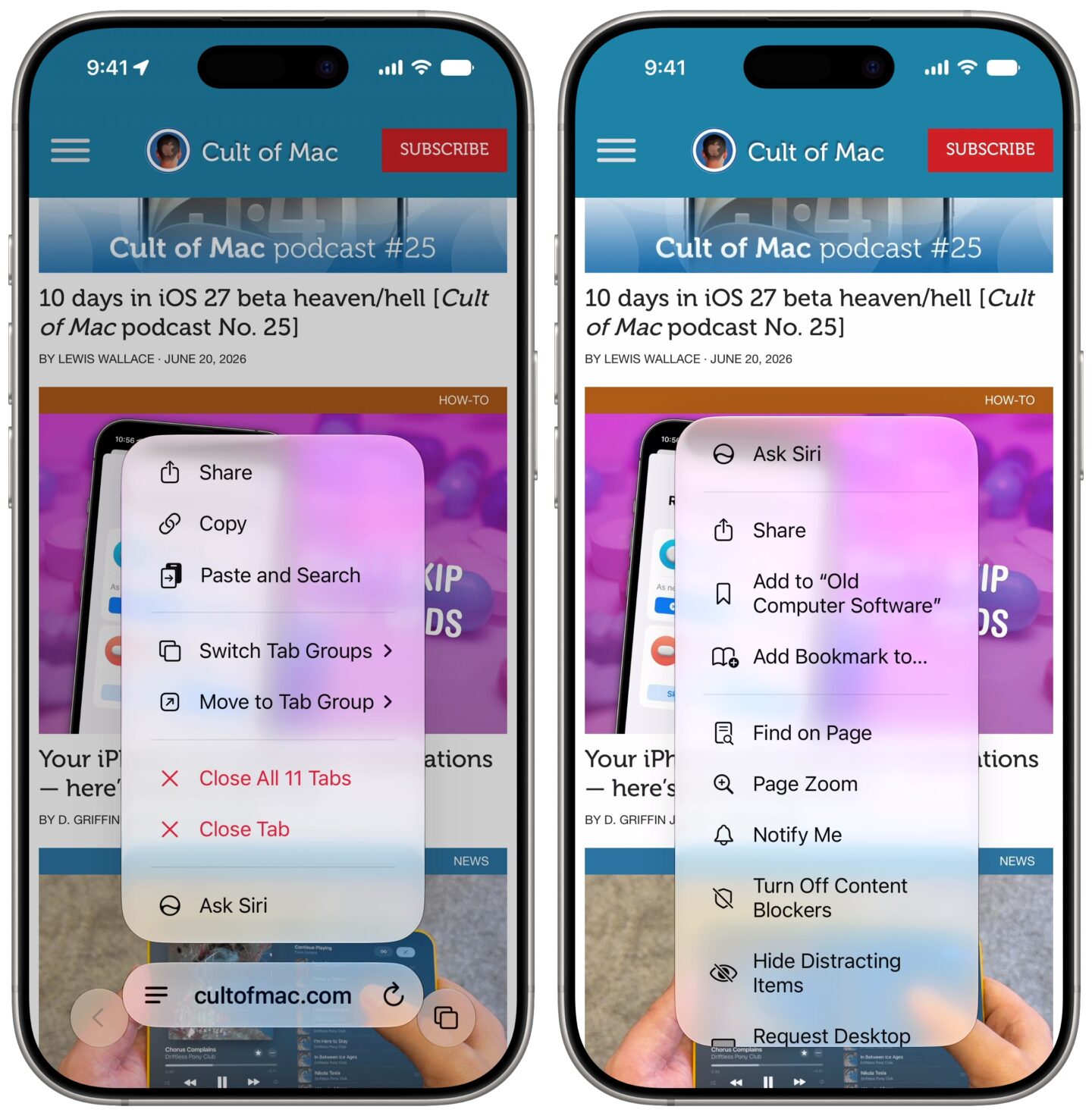 Ask Siri buttons Ask Siri buttons in the address bar context menu and the Page menu