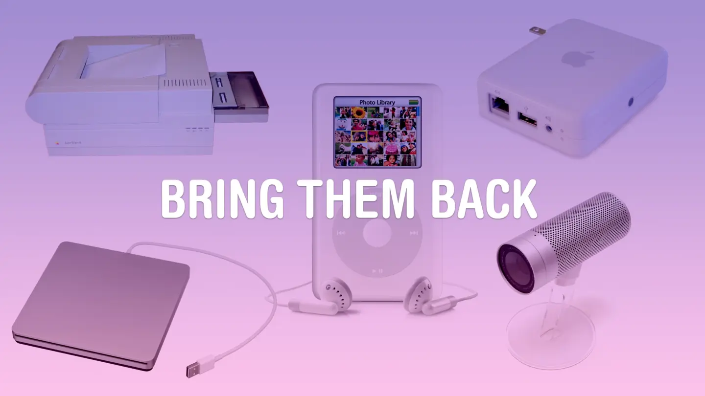 Image with a few discontinued Apple products, captioned, Bring Them Back