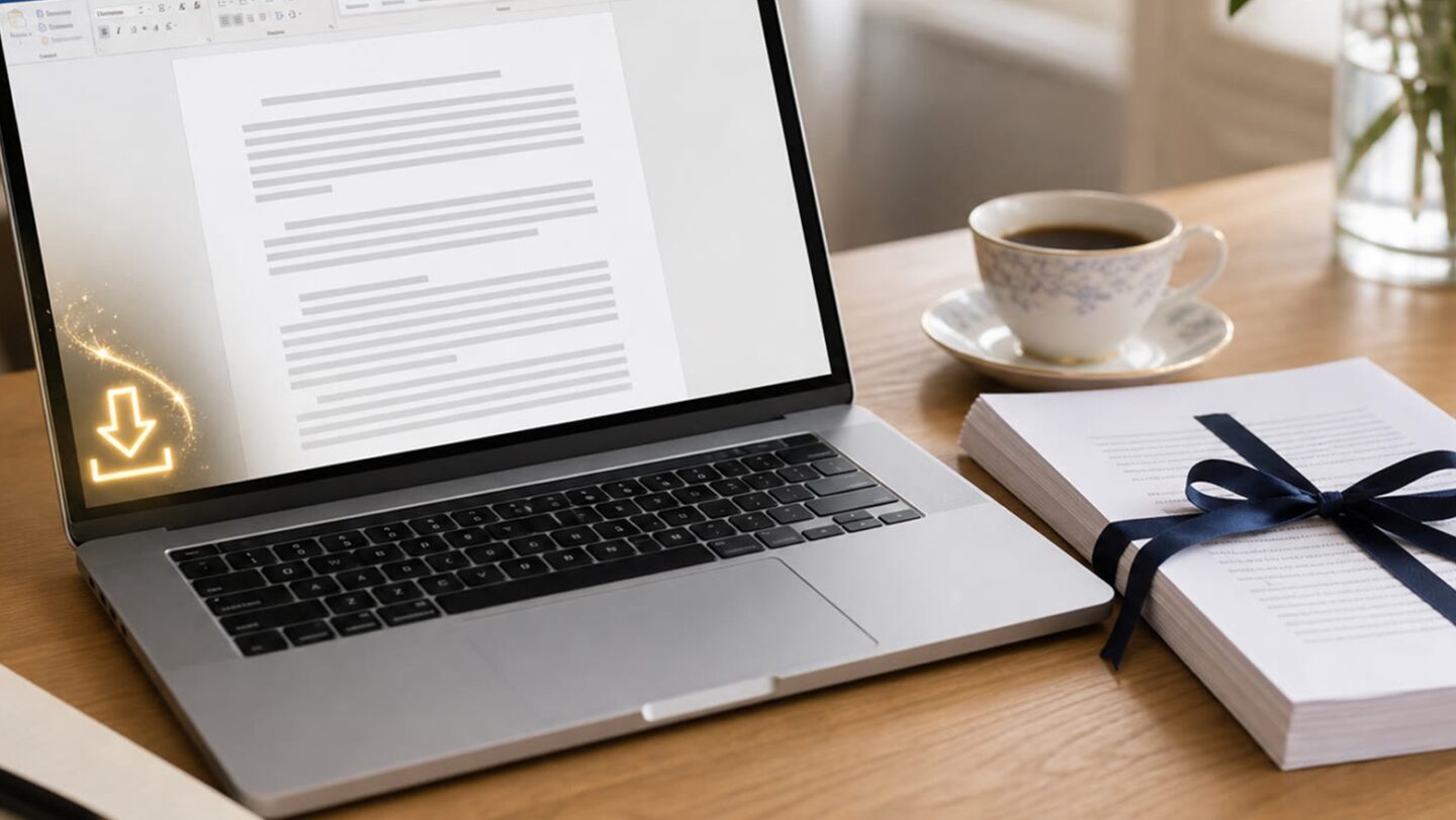 A laptop, a manuscript and a cup of coffee on a wooden desk