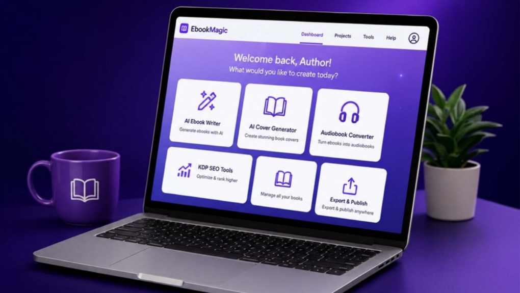 Photo of EbookMagic AI book generator running on a laptop