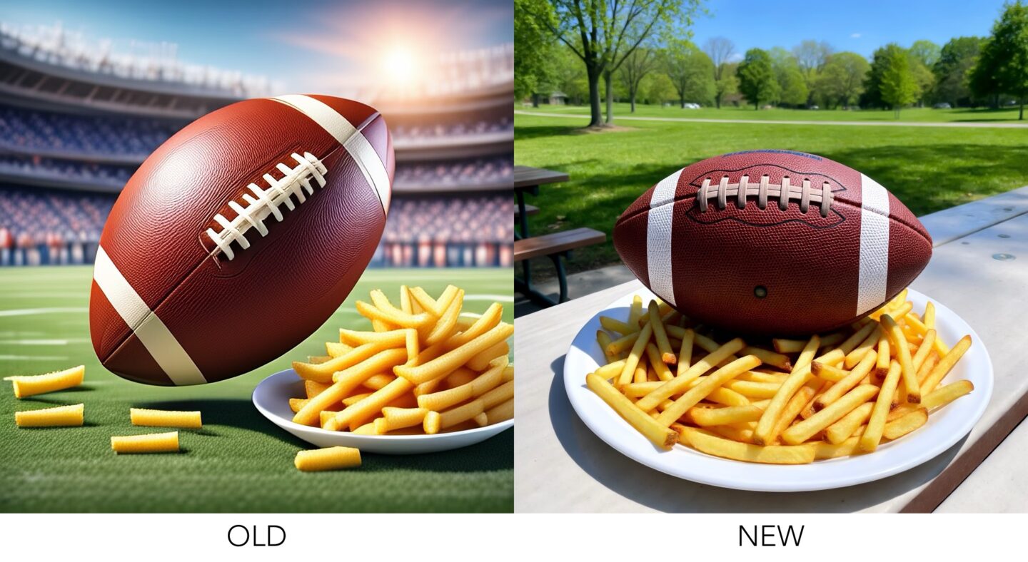 Image Playground: "an American football with French fries." Before and After
