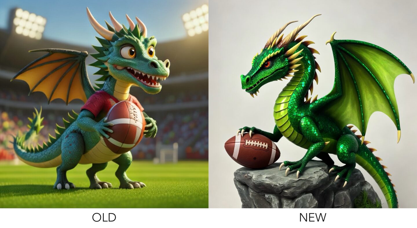 Image Playground: "A dragon holding a football." Before and After