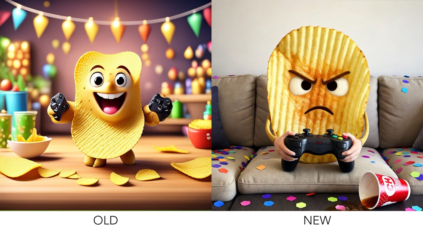 Image Playground: "potato chip playing video games, party." Before and After