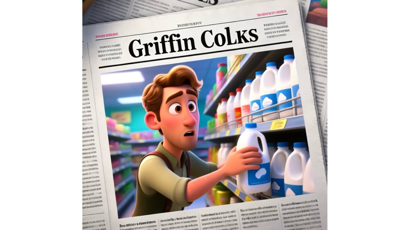 Image Playground: &ldquo;Griffin photographed in a newspaper surprised taking a gallon of milk off the shelf in a store&rdquo;