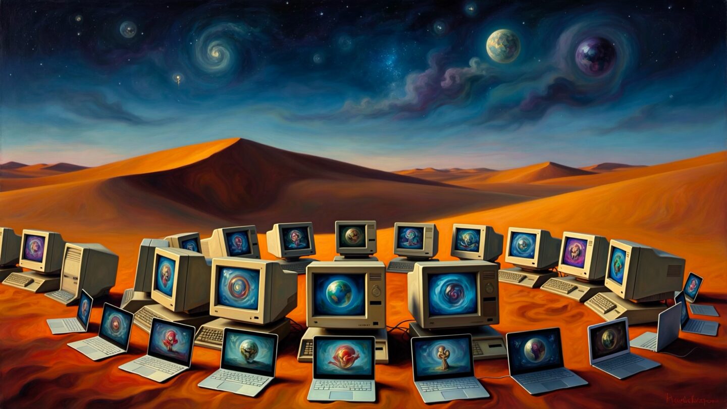 Image Playground: "Computers old and new having a party in the desert&rdquo; &ldquo;surrealist painting&rdquo;